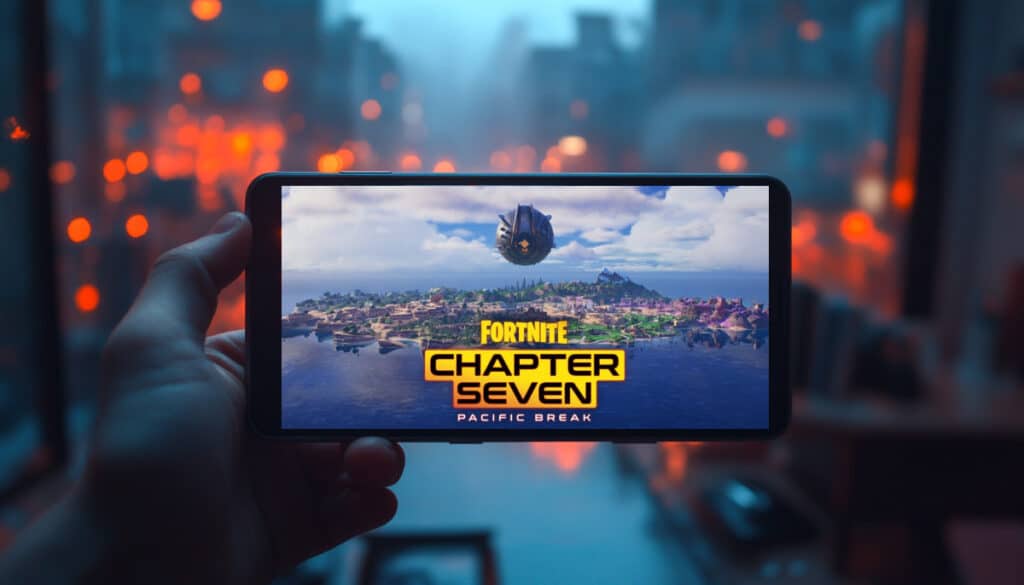 Promotional artwork showing the Pacific Break island for Fortnite Chapter Seven