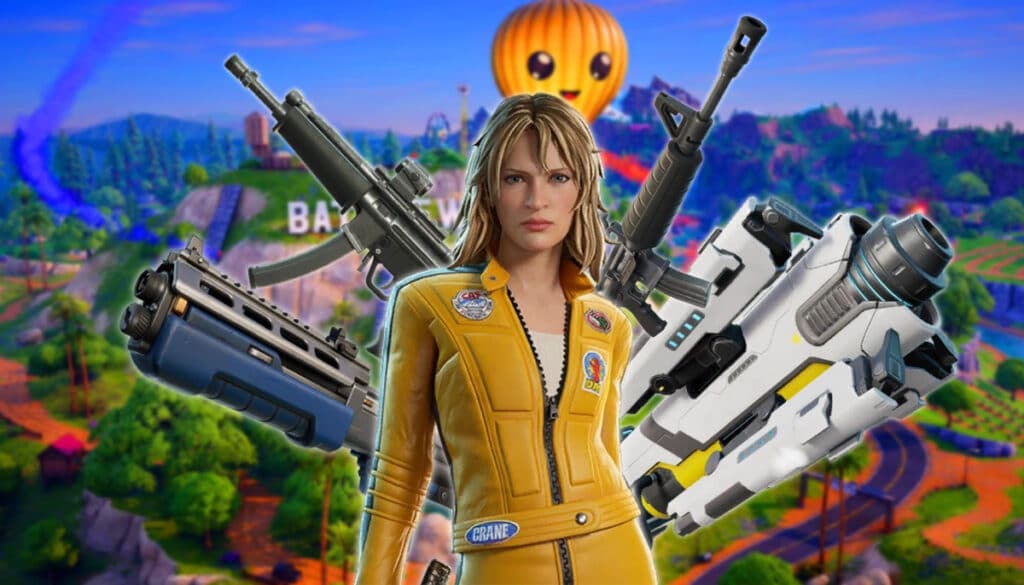 Fortnite Chapter 7 Season 1 best weapons overview featuring The Bride (Kill Bill skin) with Deadeye AR, Iron Pump Shotgun, Holo Rush SMG, and Arc Lightning Gun