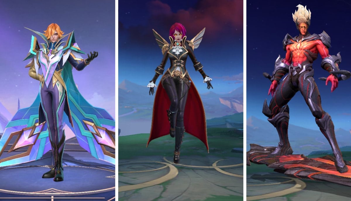 The screenshot from the game Mobile Legends: Bang Bang shows three characters. On the left is Xavier in a white and purple suit with a flowing turquoise cape. In the center is Eudora in her “Countess Scarlet” form, dressed in a black and red suit with a high collar and a red cape. On the right is Gord with bright orange hair
