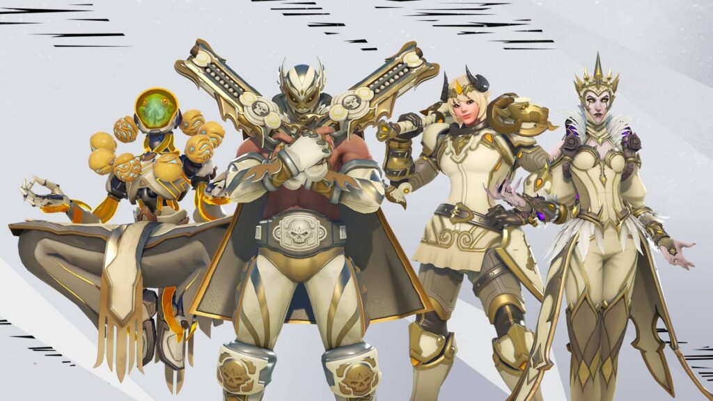 Four Overwatch heroes wearing matching themed skins in an Overwatch promotional image