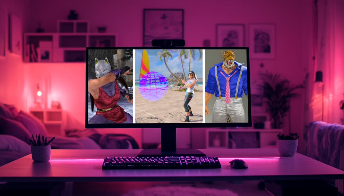The monitor displays characters from Tekken