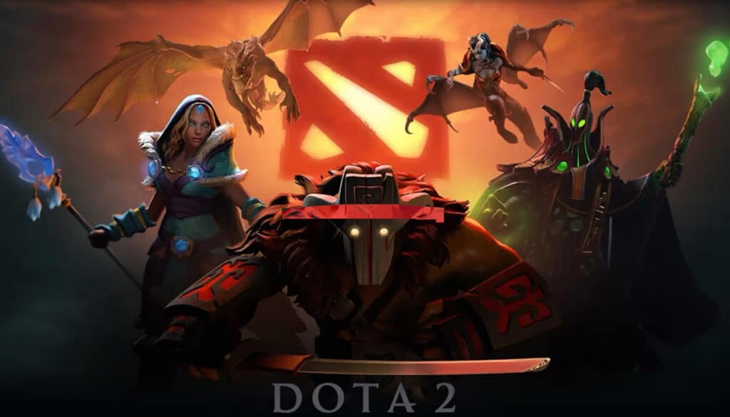 Dota 2 heroes posed together with the Dota 2 logo in the background