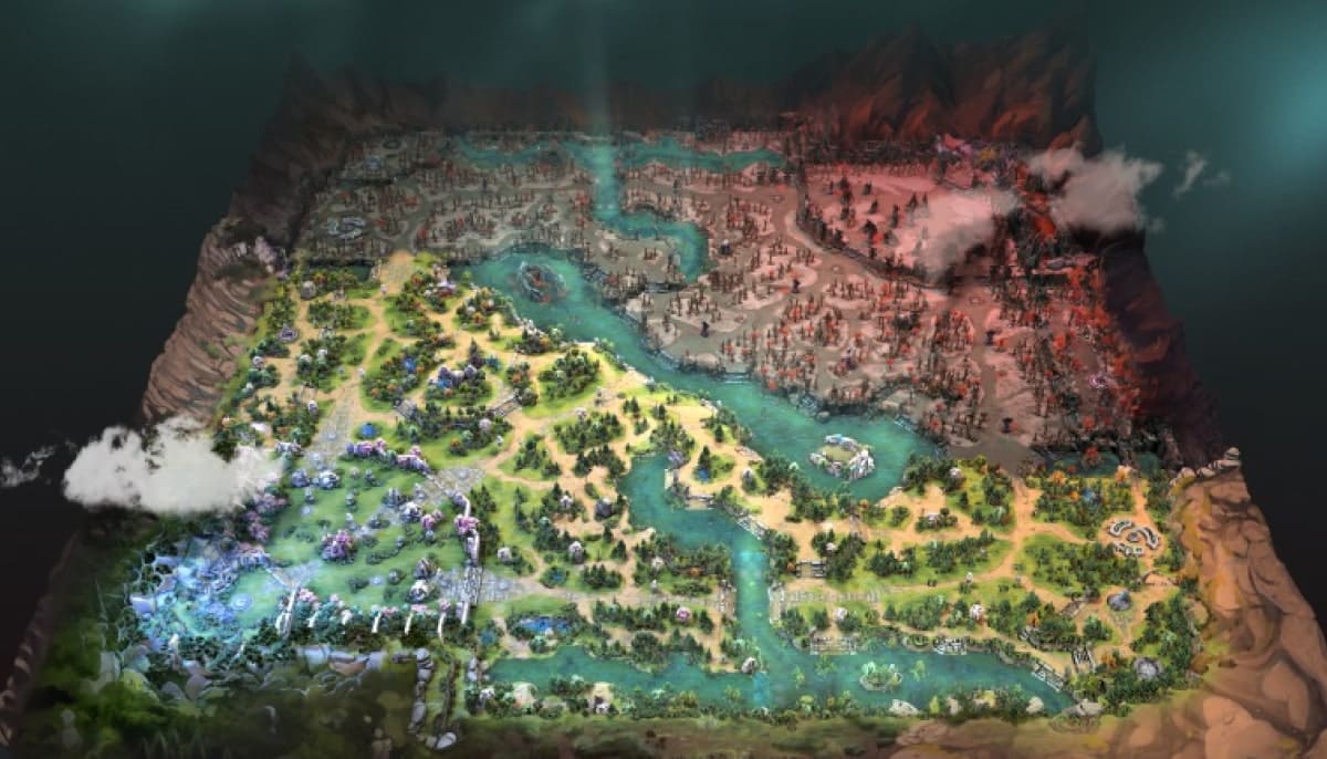 The image shows a map from the popular multiplayer online game Dota 2. The landscape shown corresponds to changes made in a recent major update to the game, called Wandering Waters