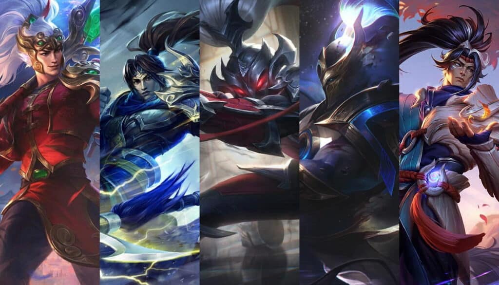 A lineup of Xin Zhao skins displayed together in League of Legends, highlighting multiple thematic designs
