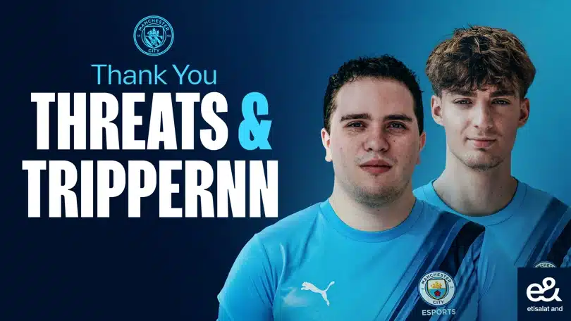 Manchester City Esports departure announcement graphic for Fortnite pros Threats and Trippernn