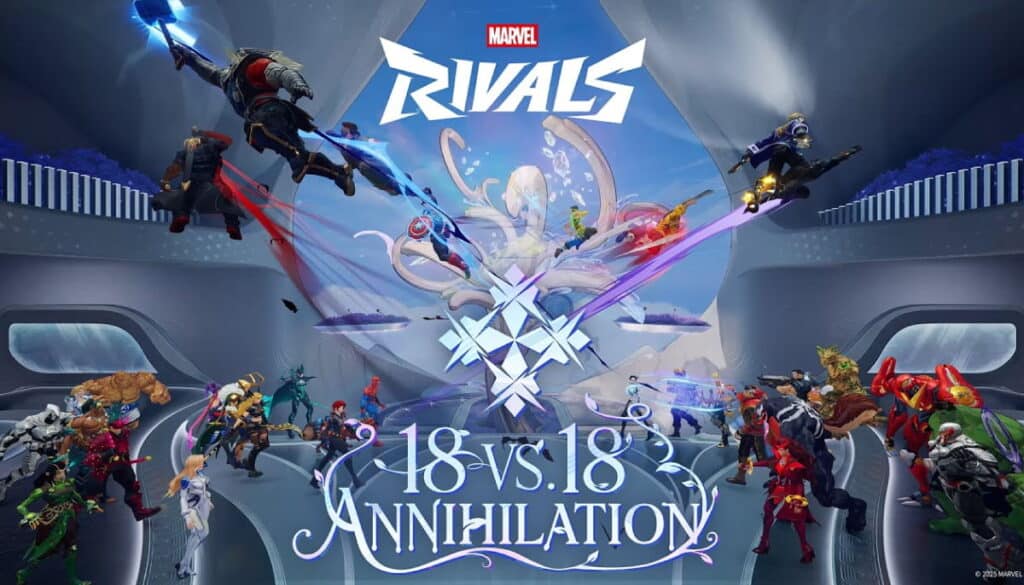 Heroes clashing in a large 18v18 battle inside Marvel Rivals Annihilation mode