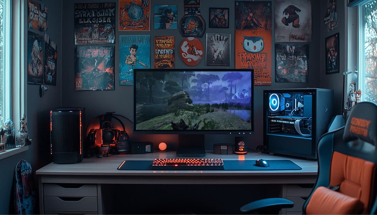 A gaming setup with a large monitor displaying a PUBG scene. The desk has a colorful keyboard, mouse, and modern PC