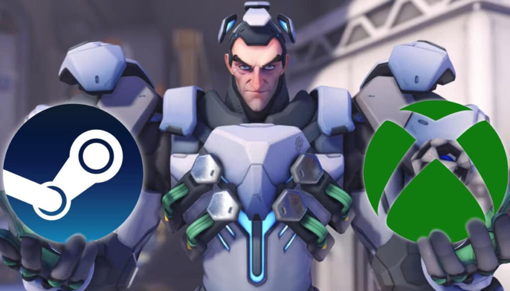 Overwatch character holding large Steam and Xbox icons to represent platform availability