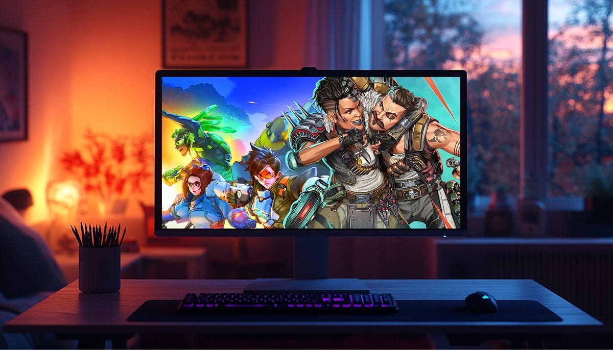 A gaming setup in a dimly lit room with an orange hue. The monitor displays Overwatch 2 and Apex Legends characters