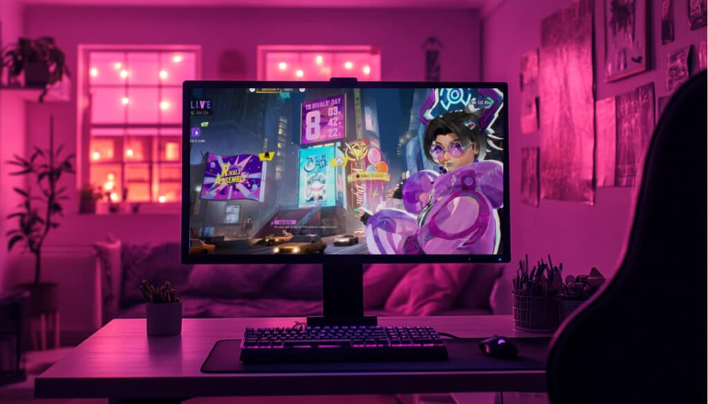 A city scene in Marvel Rivals featuring countdowns, event banners, and a character promoting the Rivals Assemble event