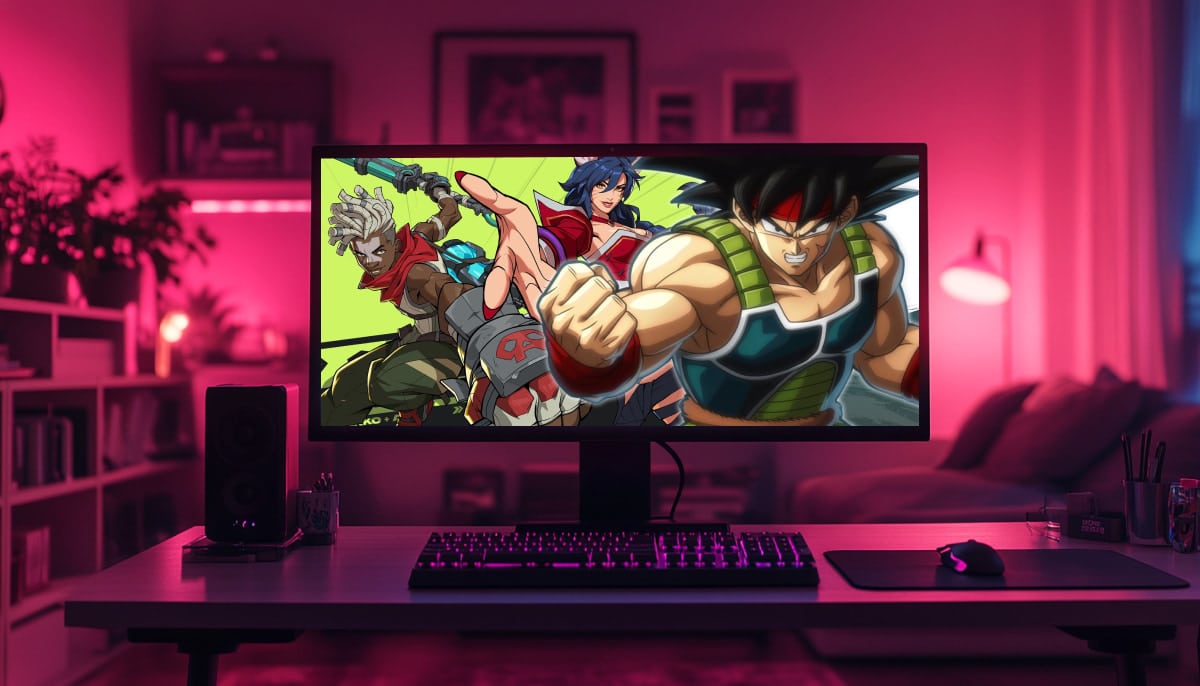 A computer monitor displays vibrant 2XKO and Dragon Ball Fighterz characters