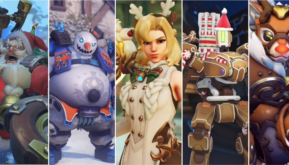 A mixed collage with Overwatch characters in Christmas skins