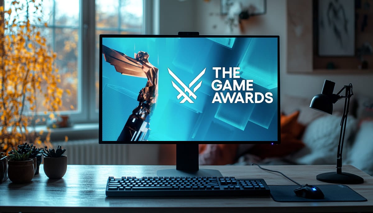 A computer monitor on a desk displays "The Game Awards" with a stylized trophy