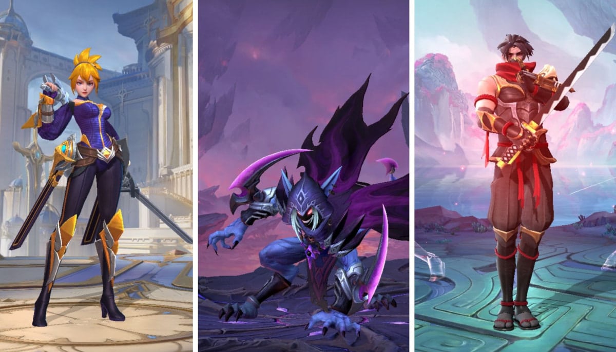 Triple image with MLBB characters: Fanny, Helcurt and Hayabusa