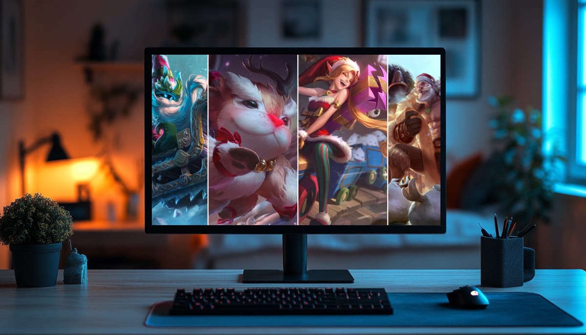 A large computer monitor displays LoL characters in Christmas skins