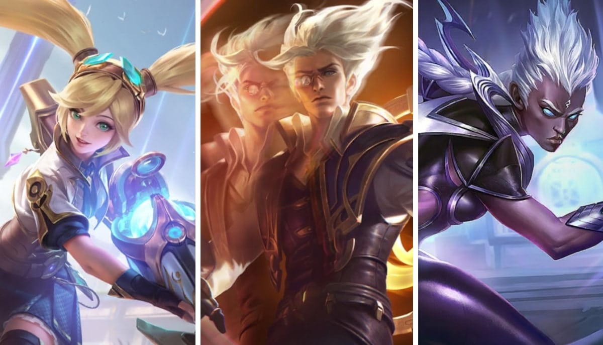 The image shows three characters from the game Mobile Legends: Bang Bang: Layla, Natan and Karrie