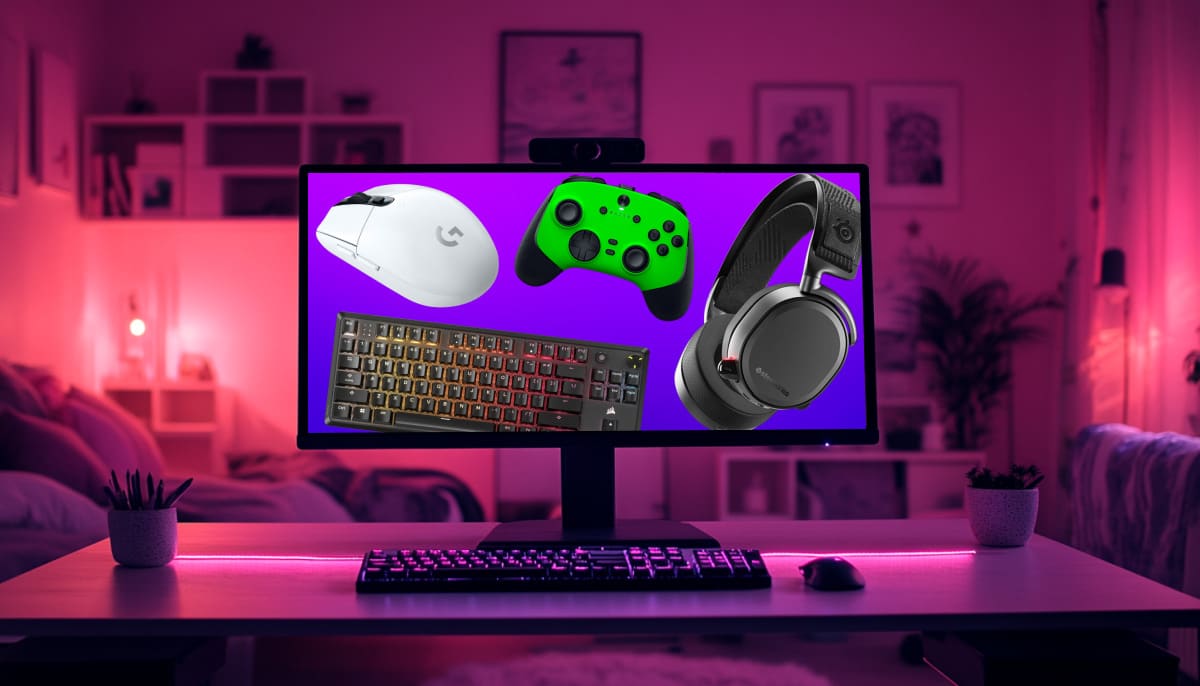 A computer monitor in a pink-lit room displays gaming gear: a white mouse, green controller, mechanical keyboard, and headphones