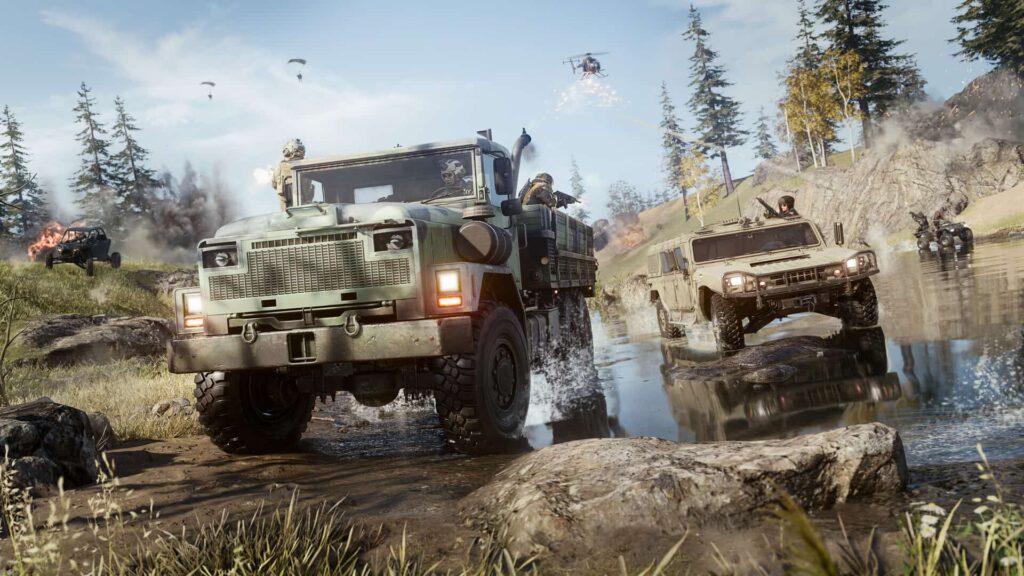 Vehicles speeding through water during an intense firefight in Warzone
