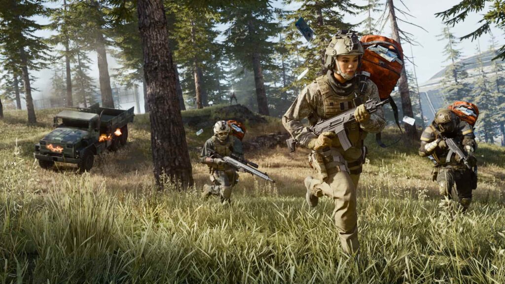 A squad sprinting through a forested area after abandoning a burning truck in Warzone