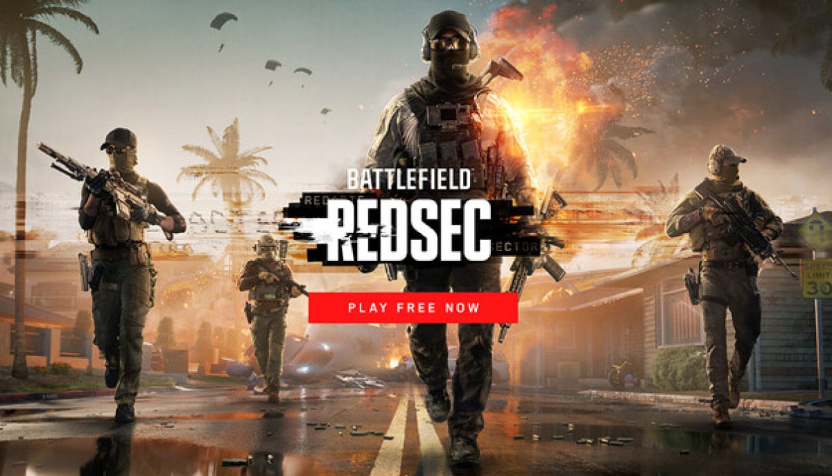 A squad of soldiers in tactical gear walk down a street, weapons ready, against a backdrop of explosions and palm trees. Text reads "Battlefield: Redsec - Play Free Now"