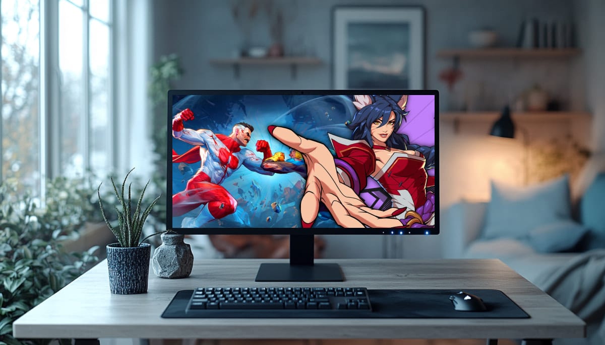 A desk setup featuring a monitor displaying two characters 2XKO Ahri and Invincible VS
