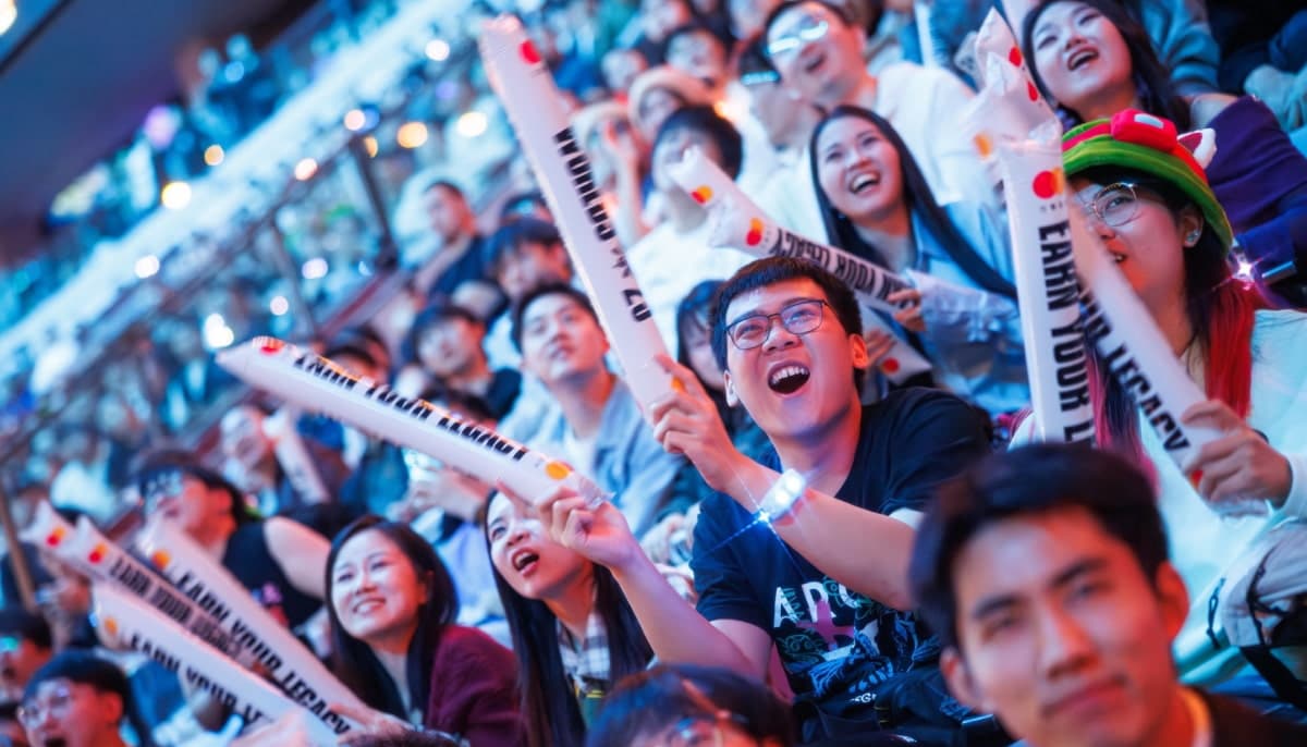 The image shows fans cheering at the League of Legends World Championship 2025 esports event