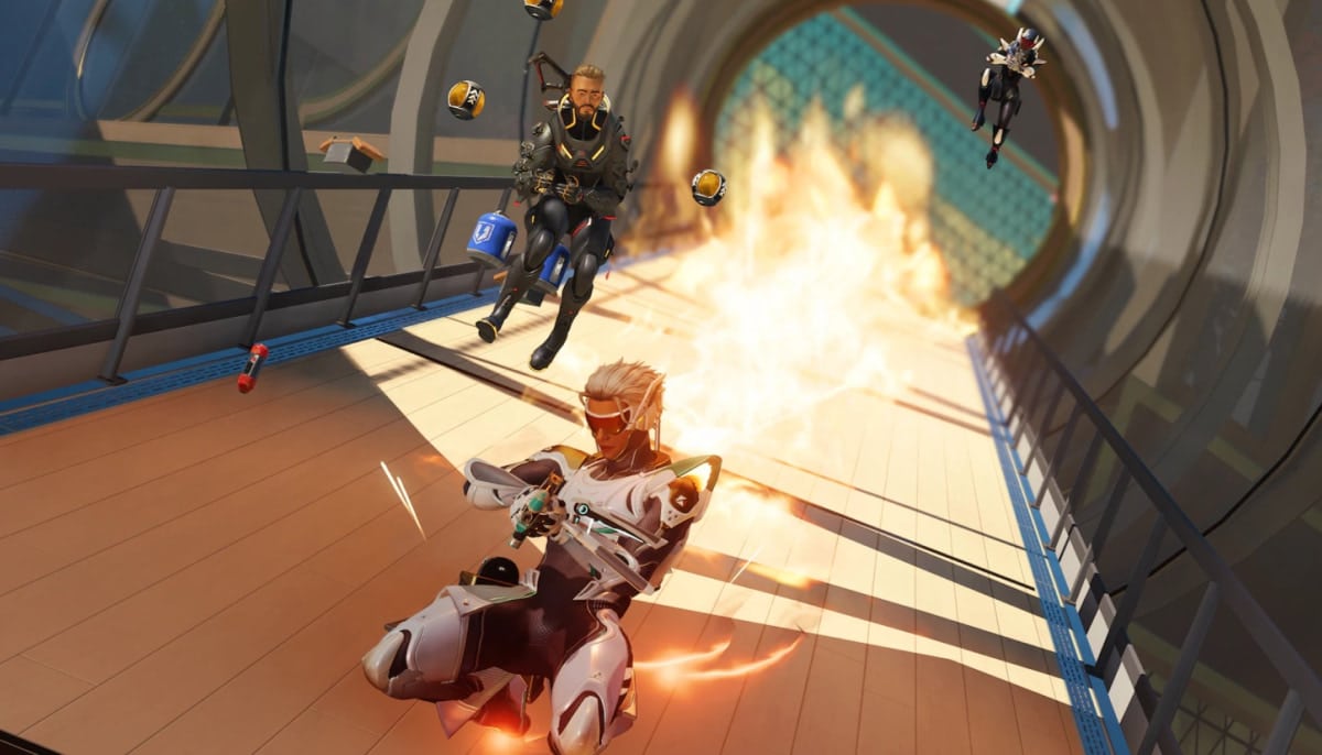 Three futuristic characters race through a tunnel, dodging explosions in Apex Legends
