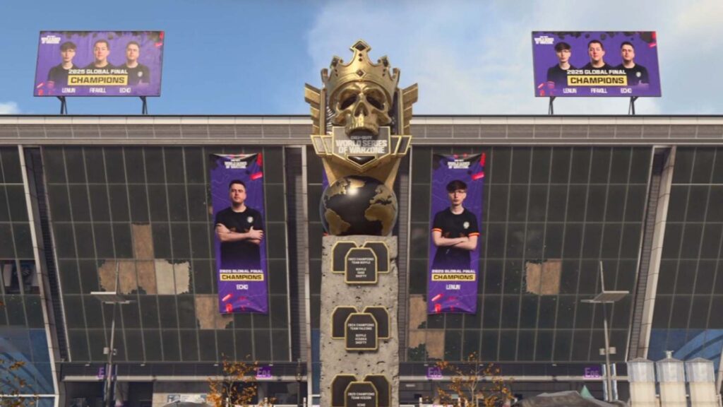 Image of World Series of Warzone statue and in-game banners covering Verdansk stadium