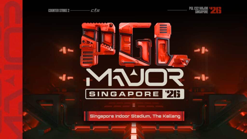 Image of PGL Singapore Major 2026 logo on a dark red and black background