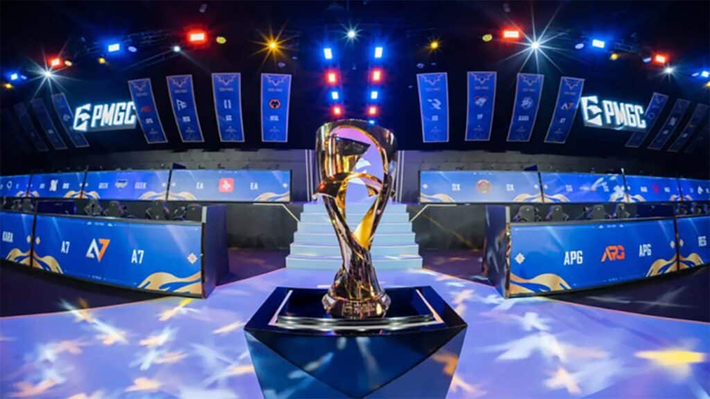Image of PUBG Mobile Global Championship trophy with an esports event stage in the background