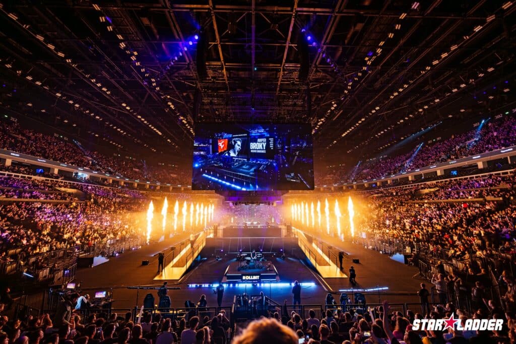 Image of StarLadder Budapest Major 2025 stage surrounded by flames firing into the air.