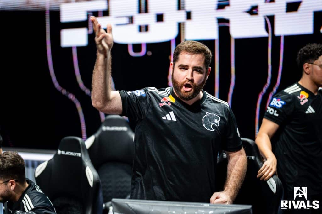 Image of FURIA Counter-Strike player FalleN gesturing to crowd while competing at BLAST Rivals Fall 2025