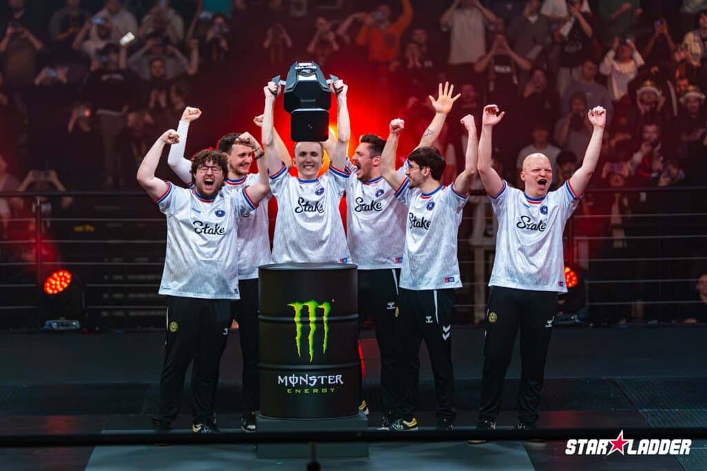 Image of Team Vitality Counter-Strike 2 team lifting trophy at StarLadder Budapest Major 2025