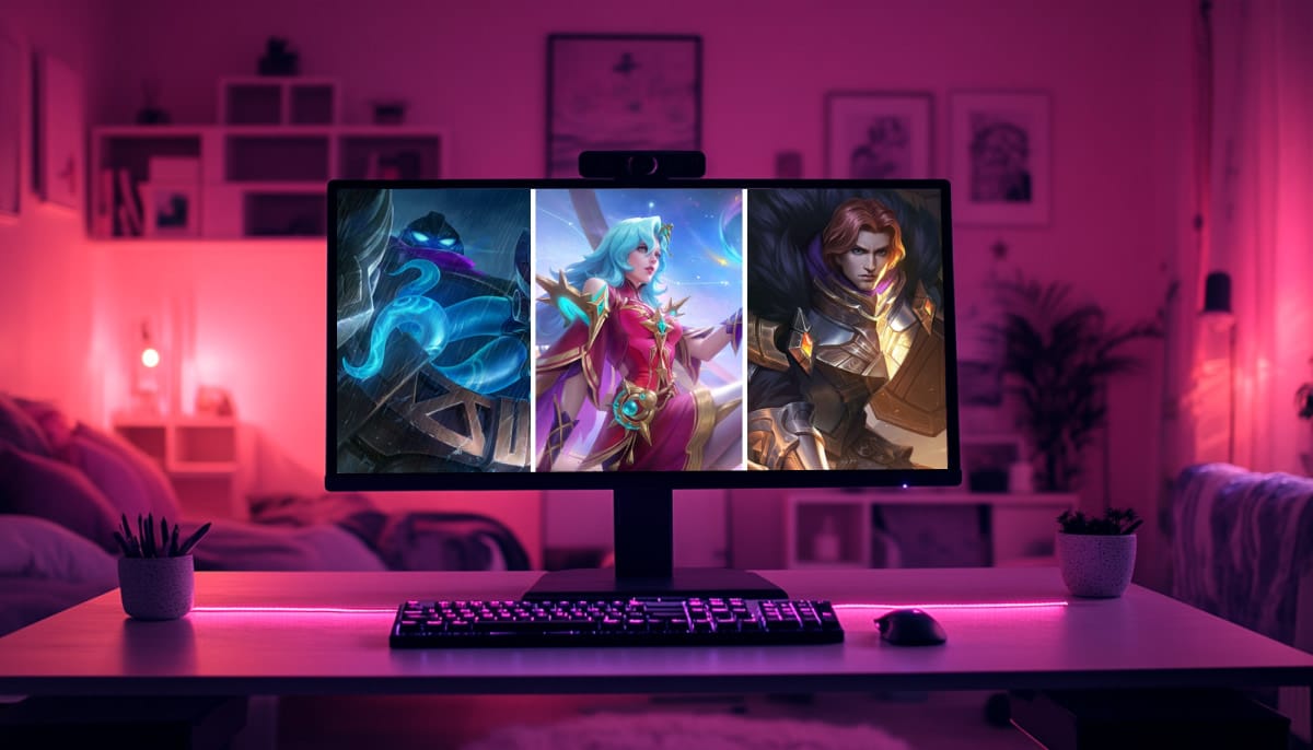 A large computer monitor displays a collage featuring three MLBB characters