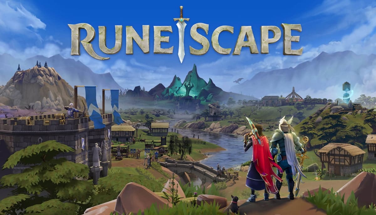 An image of the login or title screen for the MMORPG RuneScape, showing two player characters standing in a fantasy landscape of castles, forests, and mountains under a bright blue sky with the game's logo centered at the top