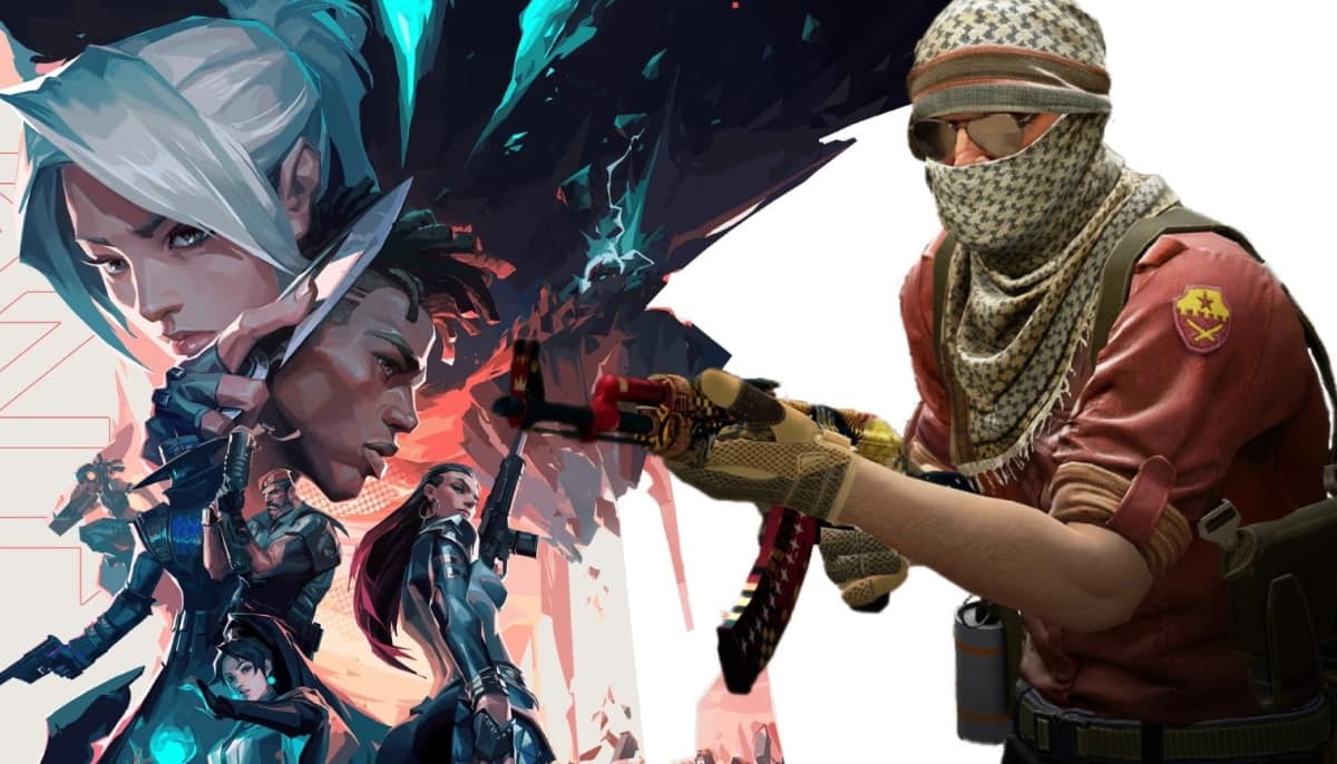 Two different tactical shooters are featured in this split image: characters from the game Valorant on the left, and a character holding a weapon from the Counter-Strike series on the right