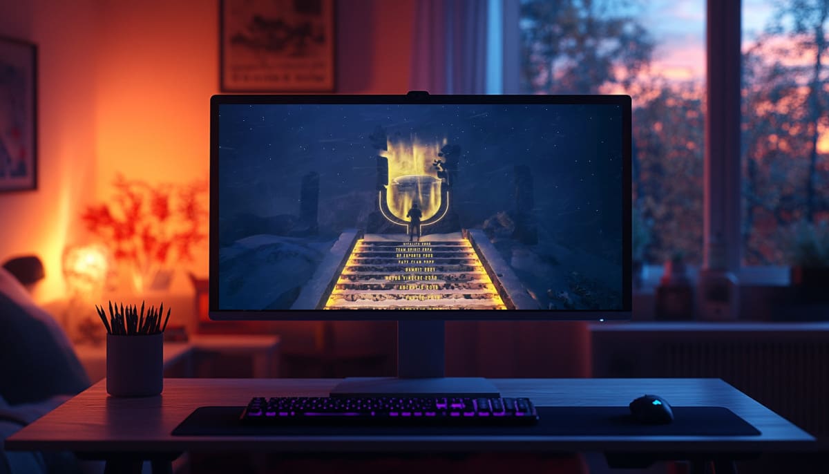 A PC monitor displays IEM Krakow 2026 promotional trailer screenshot in cozy room