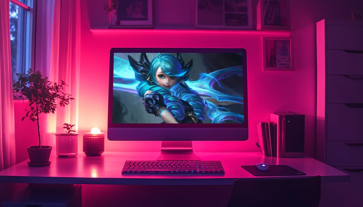 A PC monitor displays LoL character named Gwen