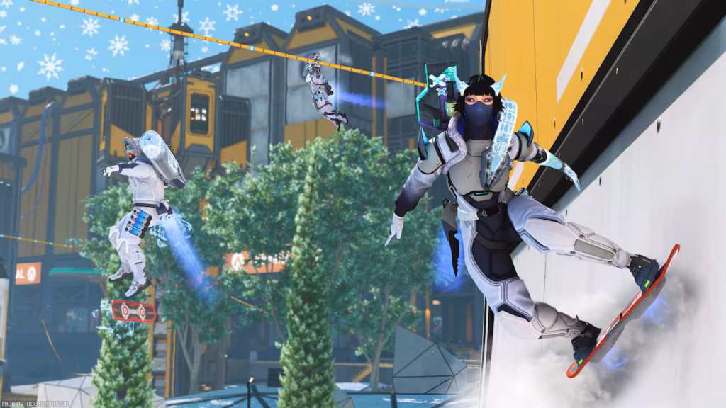 Apex Legends Winter Wipeout legends using in-game snowboard