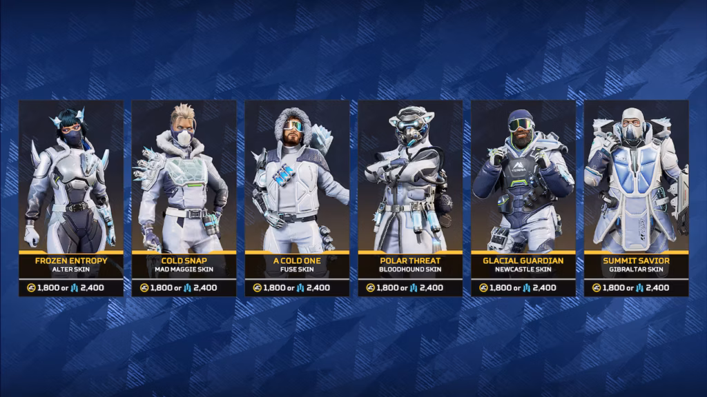 Apex Legends Winter Wipeout cosmetic skins for in-game Legends