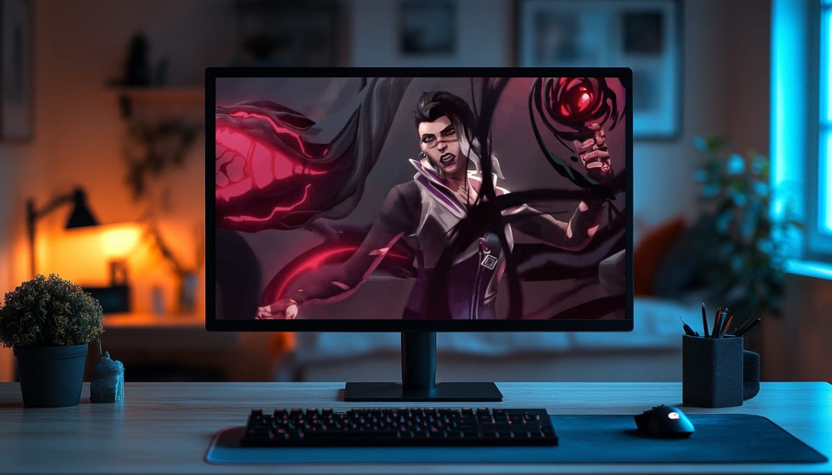 The character displayed on the monitor is Fade, an agent from the tactical shooter game Valorant