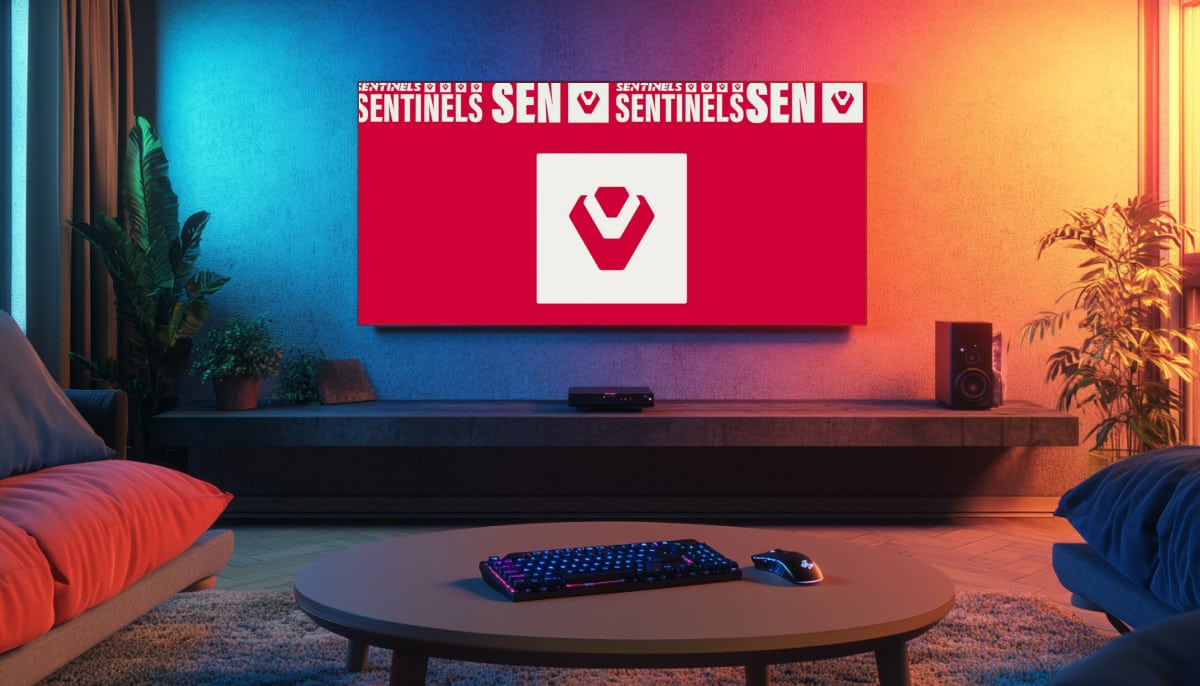 The logo of the esports organization Sentinels is displayed on the TV screen