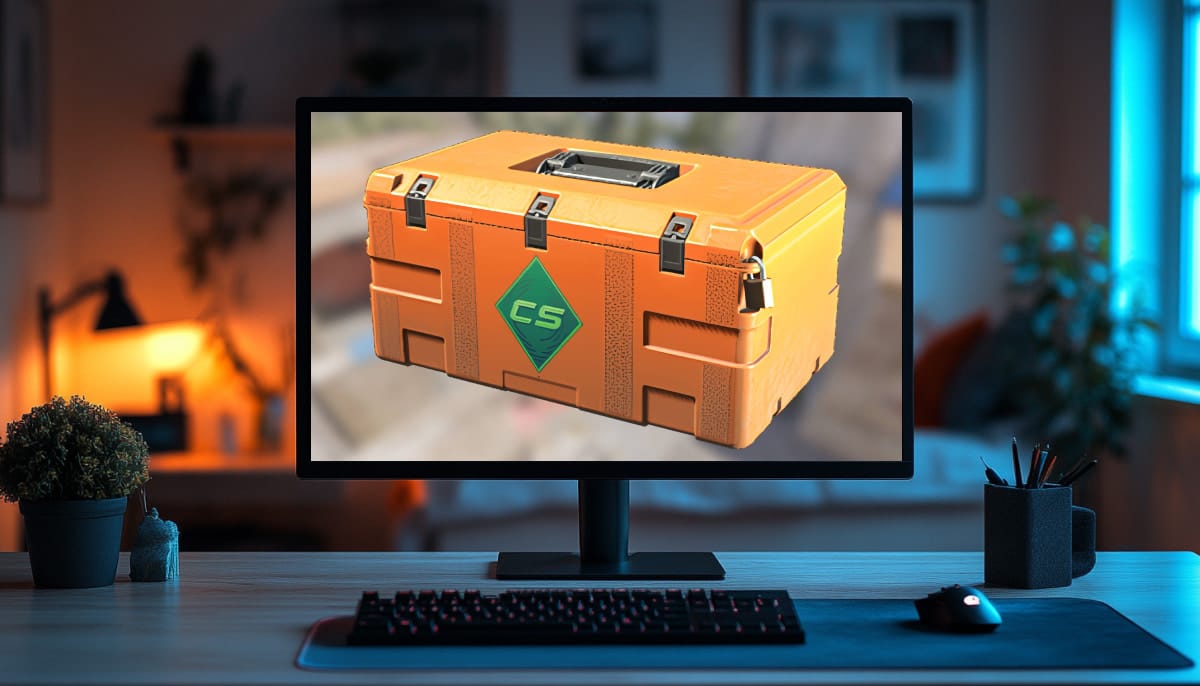 The image features an orange in-game weapon case from the game Counter-Strike 2 (CS2) displayed on a computer screen. The case has a green "CS" logo and various metallic latches