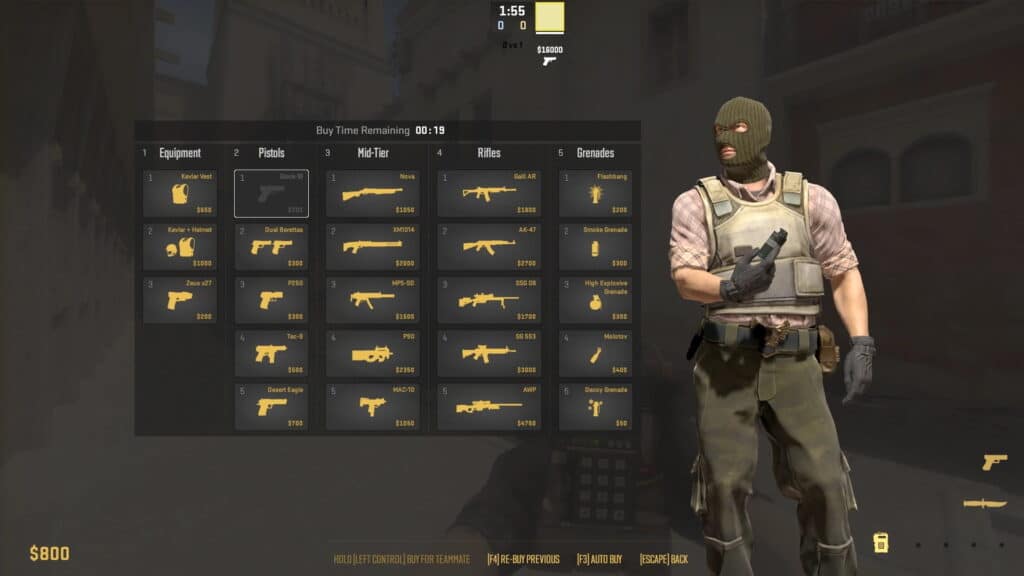 CS2 shop menu displays all T guns equipped