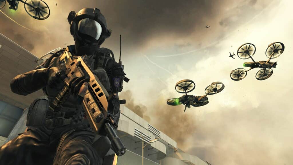 Call of Duty Black Ops soldier using advanced weapons while combat drones fly overhead