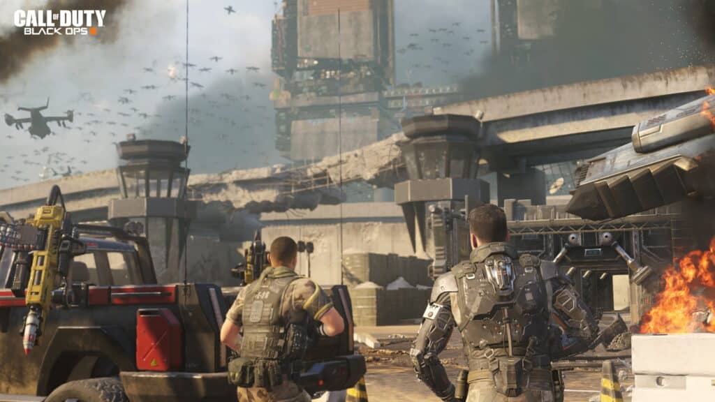 Call of Duty Black Ops soldiers in a futuristic battlefield with drones, advanced technology, and large-scale combat environment