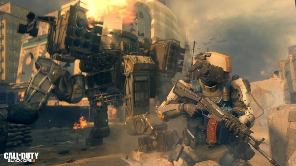 Call of Duty Black Ops soldier fighting alongside a large mechanized combat robot