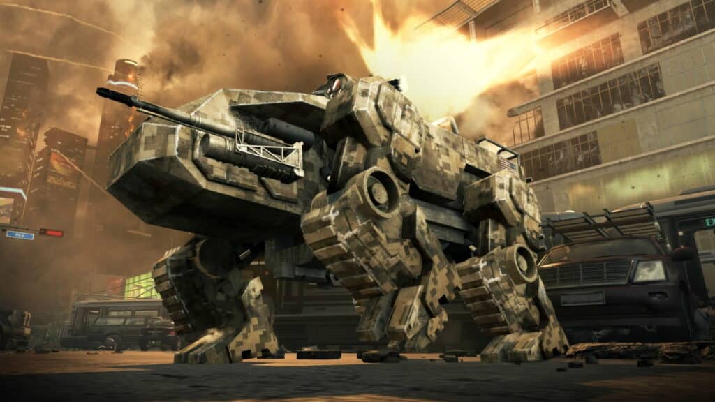 Call of Duty Black Ops futuristic combat scene featuring a large mechanized walker in an urban battlefield