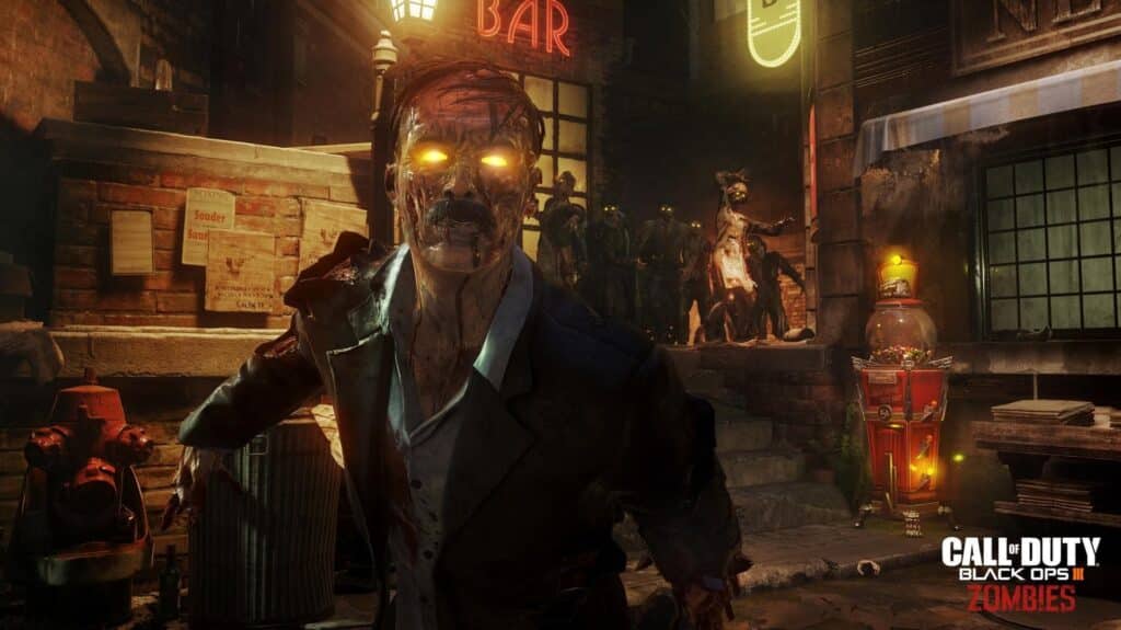 Call of Duty Black Ops Zombies scene showing glowing-eyed zombies attacking players