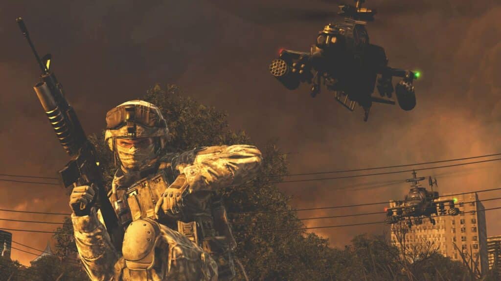 Call of Duty Modern Warfare soldier with assault rifle supported by military helicopters during a realistic urban combat mission